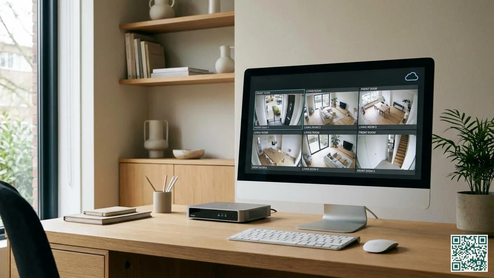 Computermonitor met beveiligingscamerabeelden naast een NVR-recorder op een bureau in een moderne thuiswerkplek