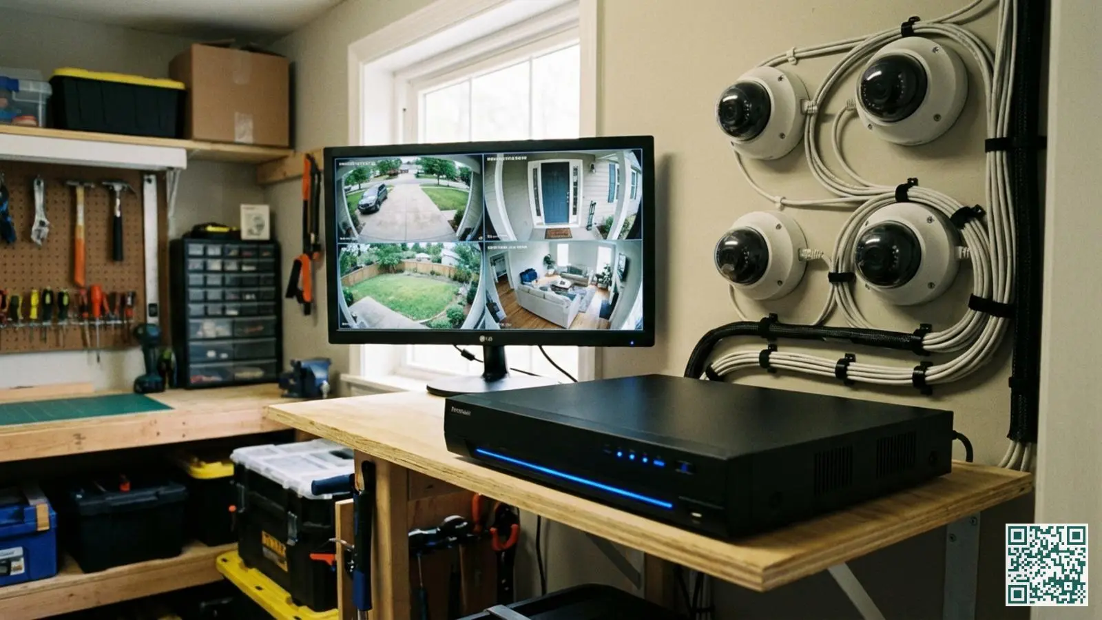Zwarte NVR-recorder met blauwe indicatielampjes en monitor met vier camerabeelden in een georganiseerde beveiligingsopstelling