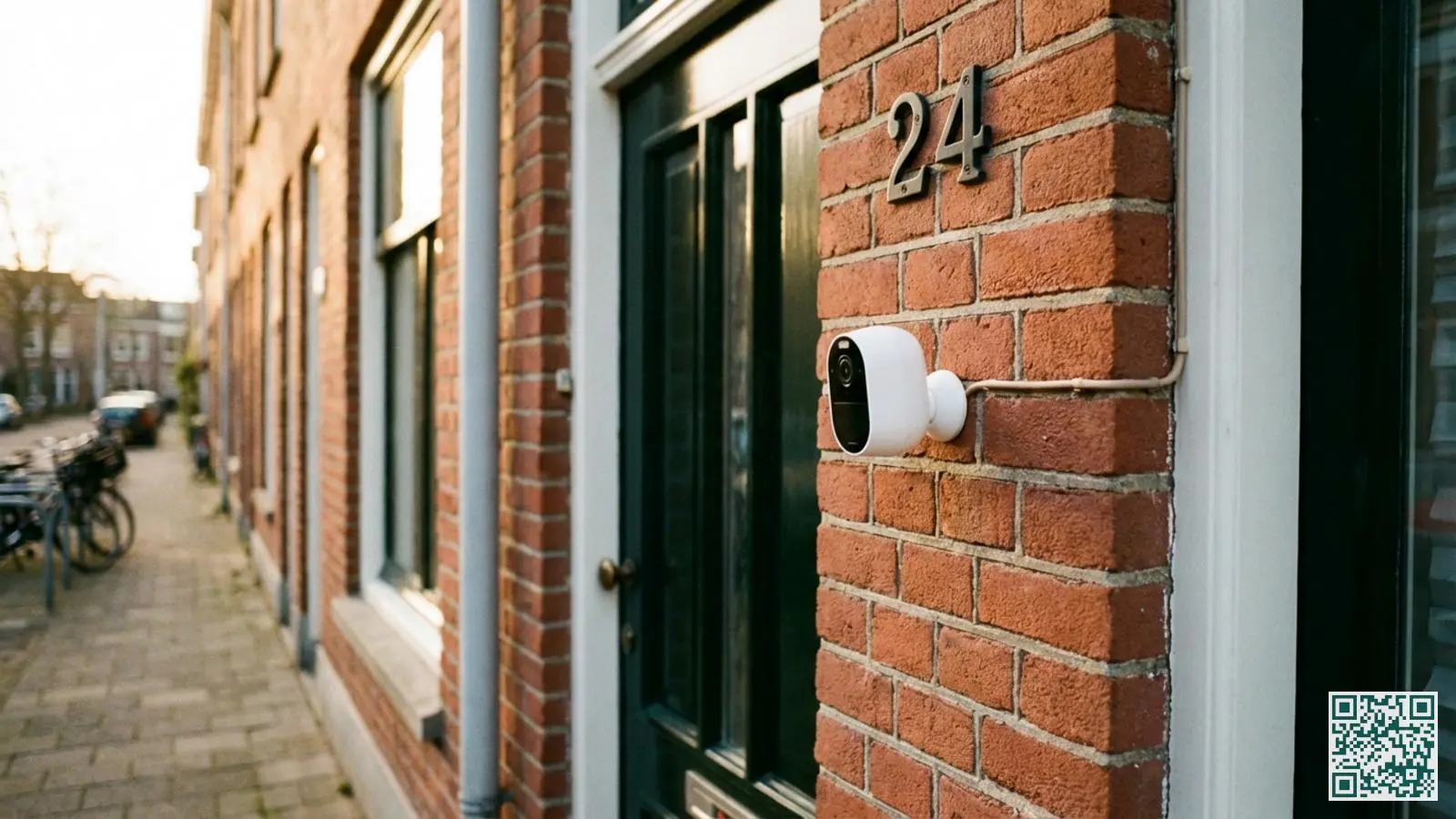 Compacte witte draadloze beveiligingscamera naast de voordeur van een Nederlands rijtjeshuis gemonteerd op de bakstenen muur