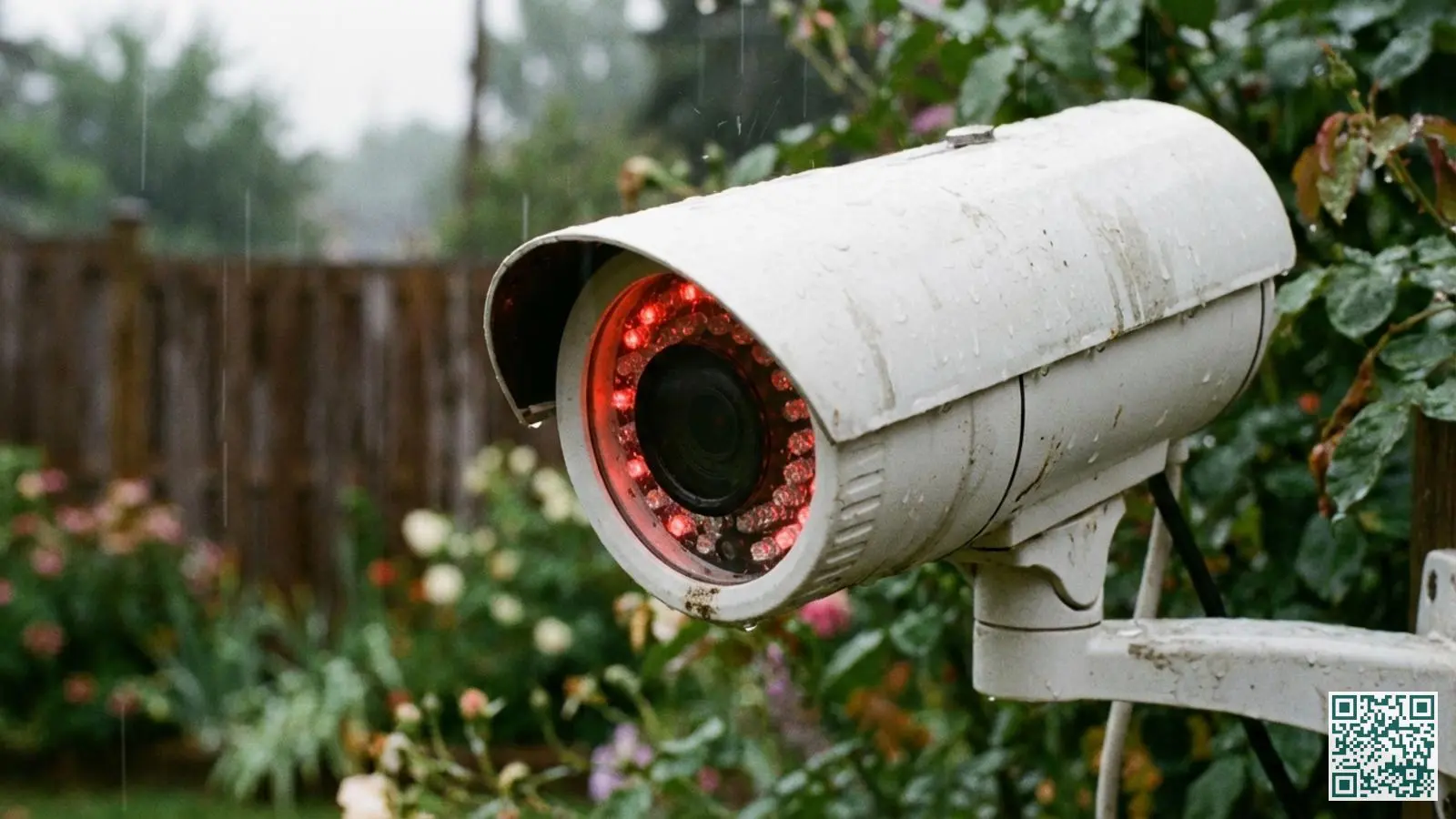 Close-up van weerbestendige buitencamera met regendruppels op de behuizing tijdens een regenachtige dag