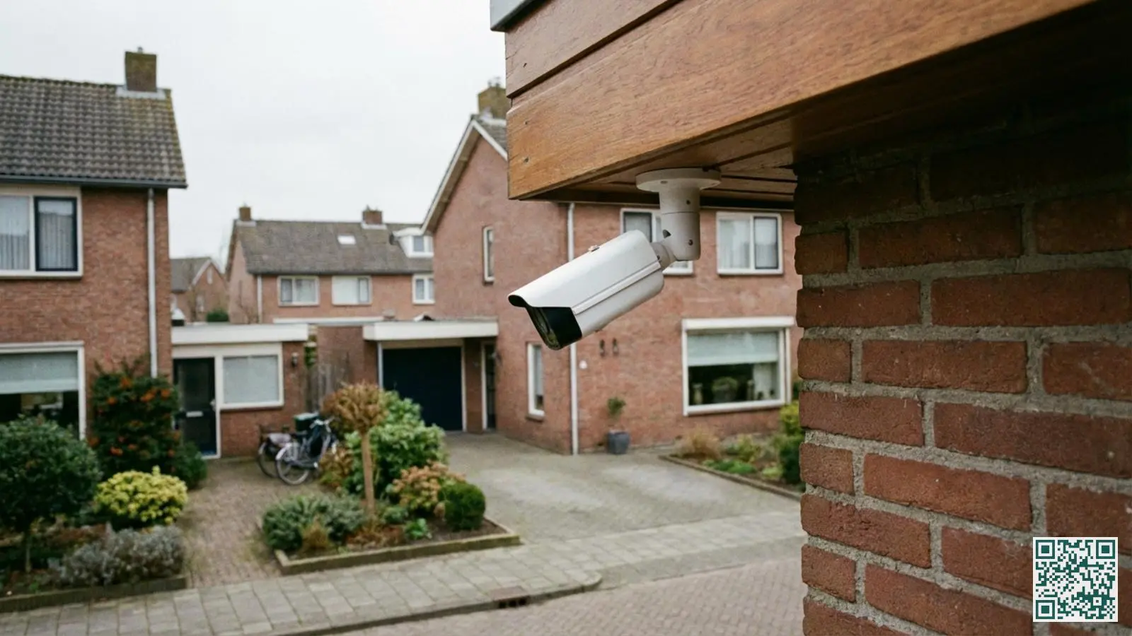 Witte weerbestendige beveiligingscamera gemonteerd onder de dakrand van een Nederlands bakstenen huis met zicht op de voortuin