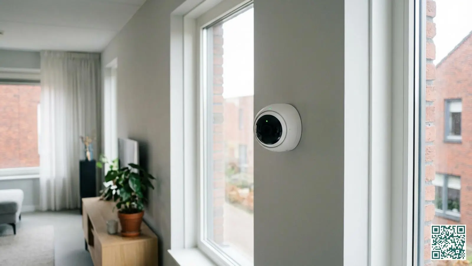 Moderne witte IP-beveiligingscamera gemonteerd op een binnenmuur bij een raam in een hedendaagse Nederlandse woonkamer