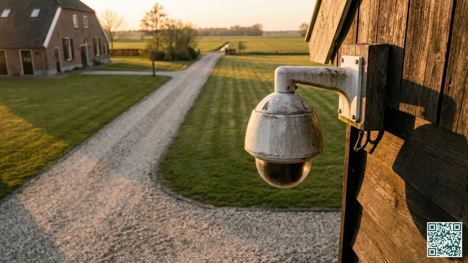 PTZ-camera hoog gemonteerd op een houten schuur met uitzicht over de oprit en tuin van een Nederlands landhuis in avondlicht