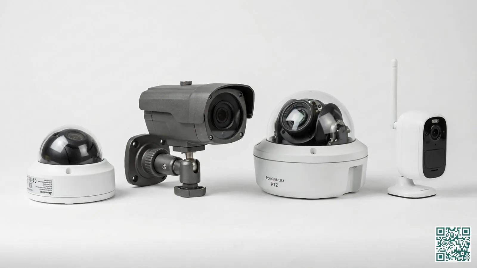 Vier verschillende soorten beveiligingscamera's naast elkaar: dome camera, bullet camera, PTZ camera en draadloze batterijcamera