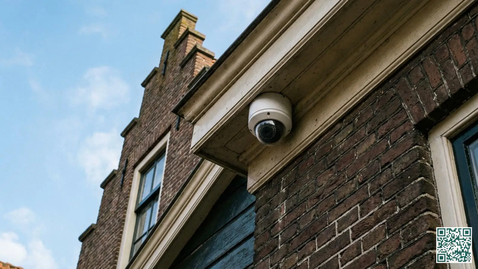 Witte buitencamera hoog gemonteerd onder de dakrand van een Nederlandse woning buiten bereik