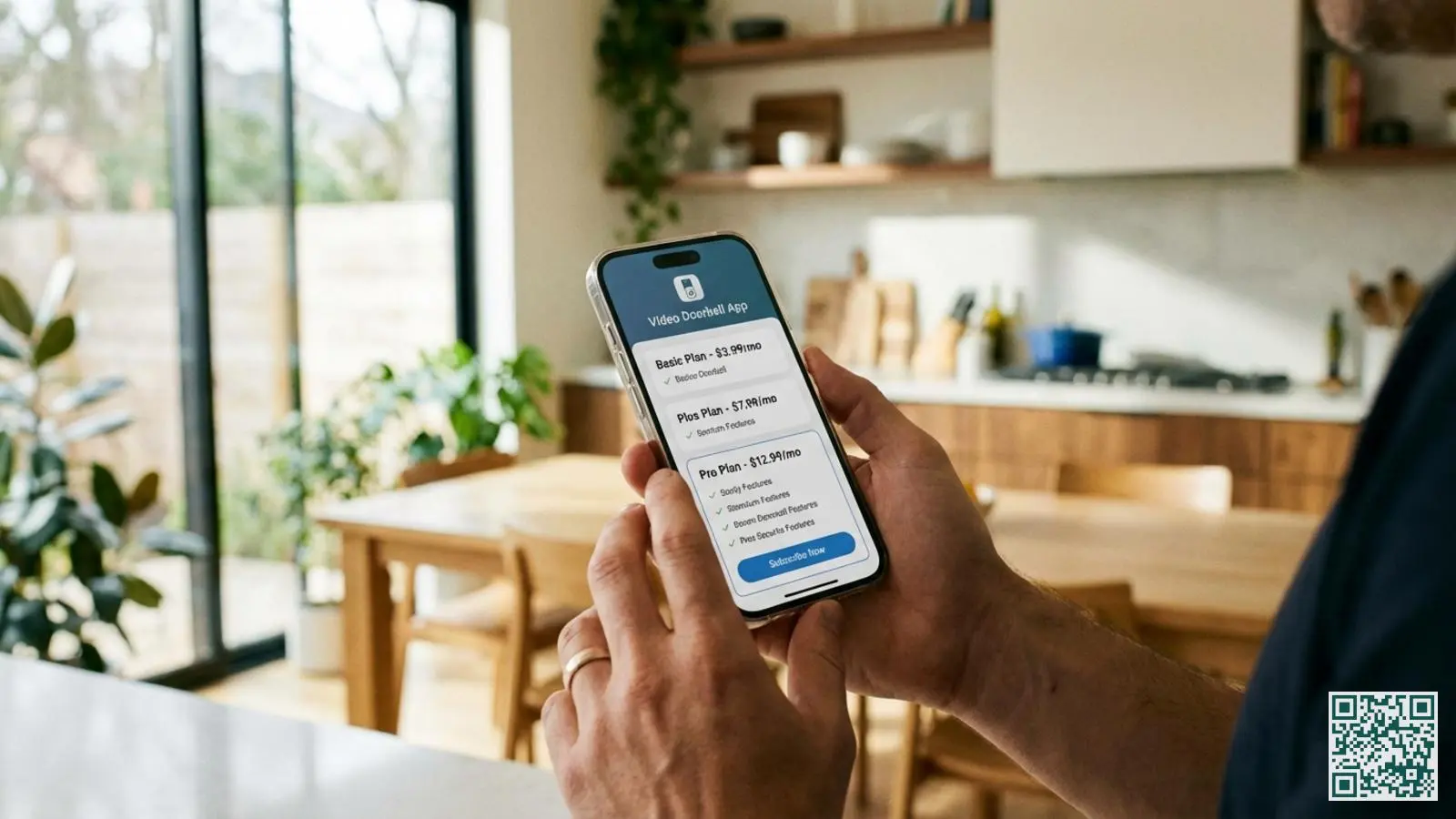 Handen houden smartphone vast met video deurbel app die abonnementsopties toont op het scherm