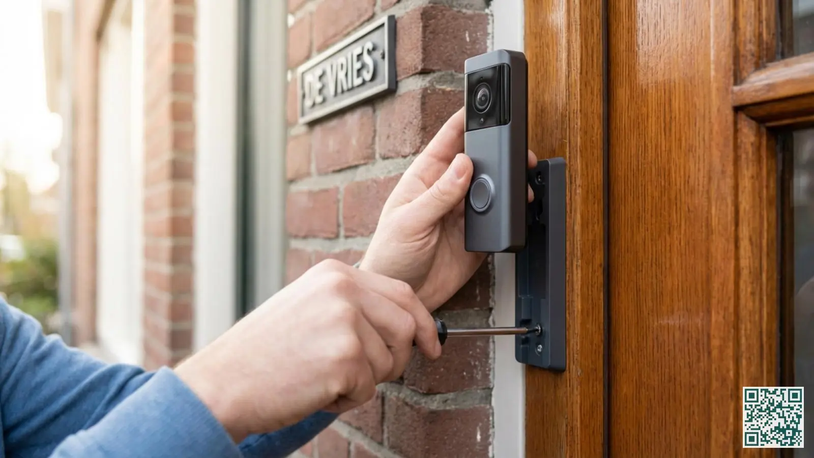 Handen monteren een draadloze video deurbel met schroevendraaier op een montagebeugel bij de voordeur