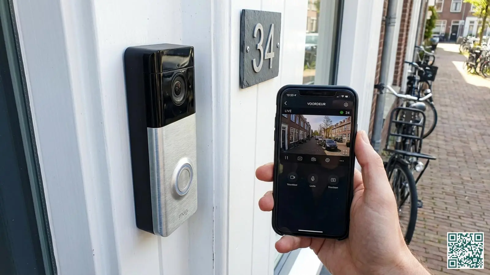 Moderne draadloze video deurbel gemonteerd op witte deurpost met smartphone die de live video app toont