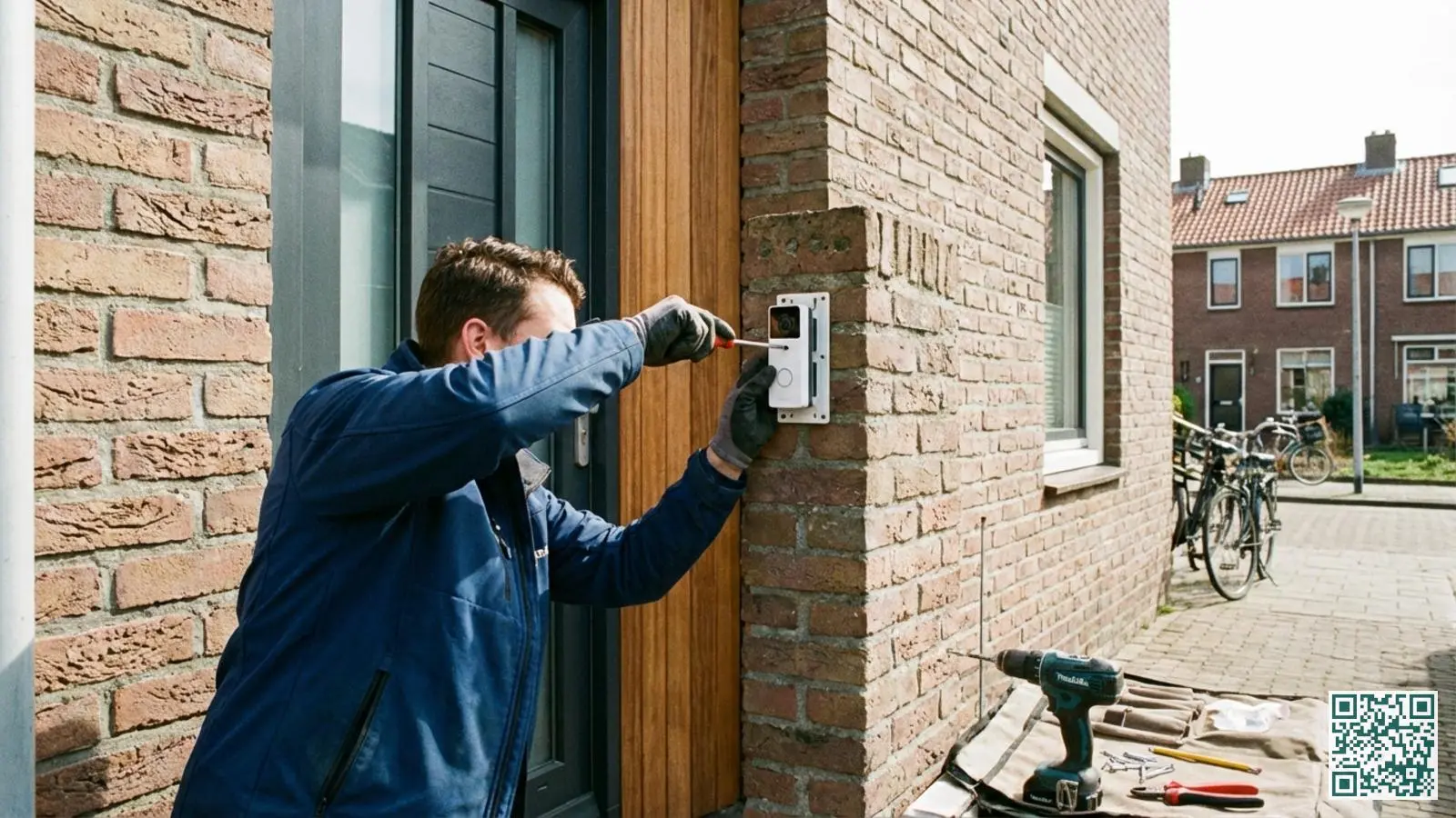 Persoon installeert een witte video deurbel naast een moderne Nederlandse voordeur met schroevendraaier