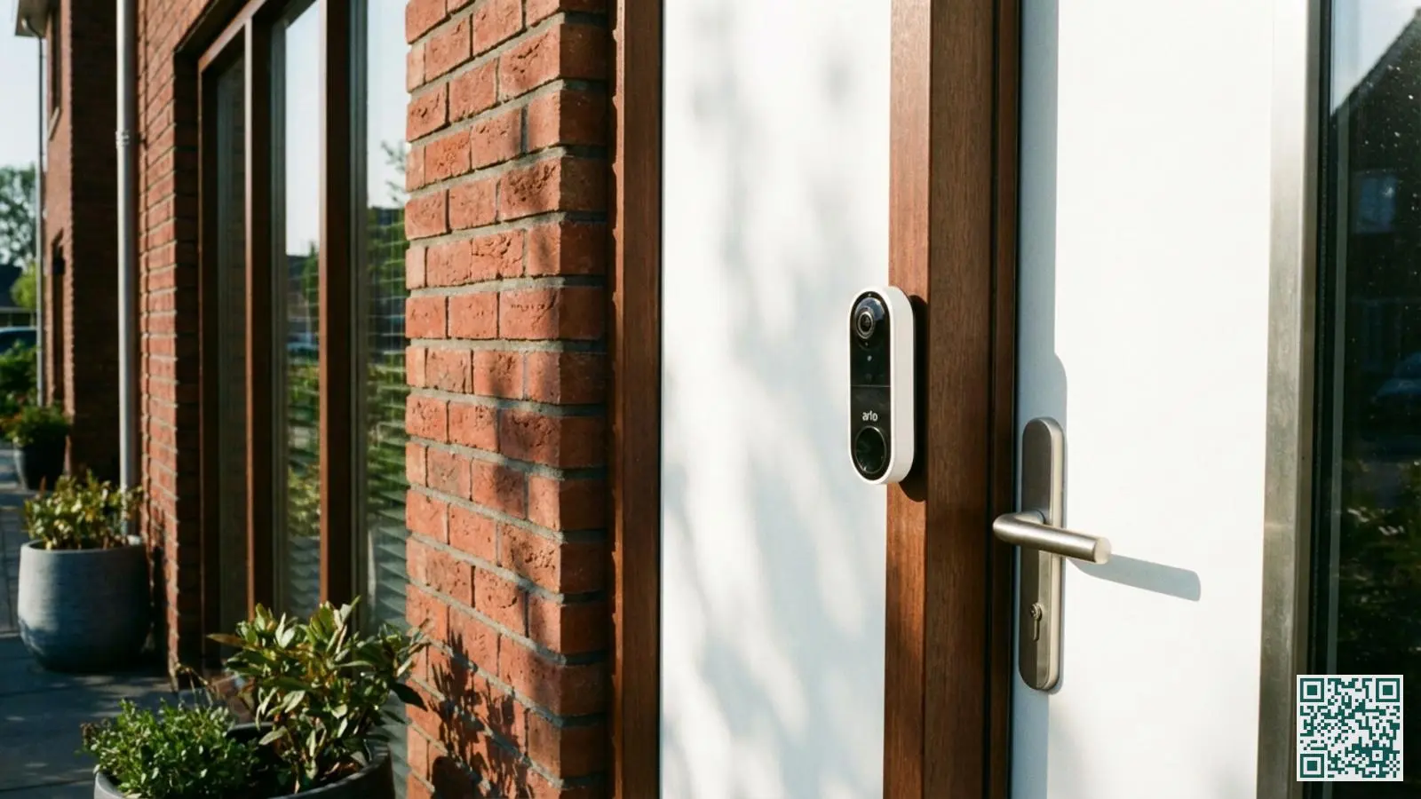 Witte Arlo video deurbel gemonteerd naast een moderne voordeur met metalen deurklink in daglicht