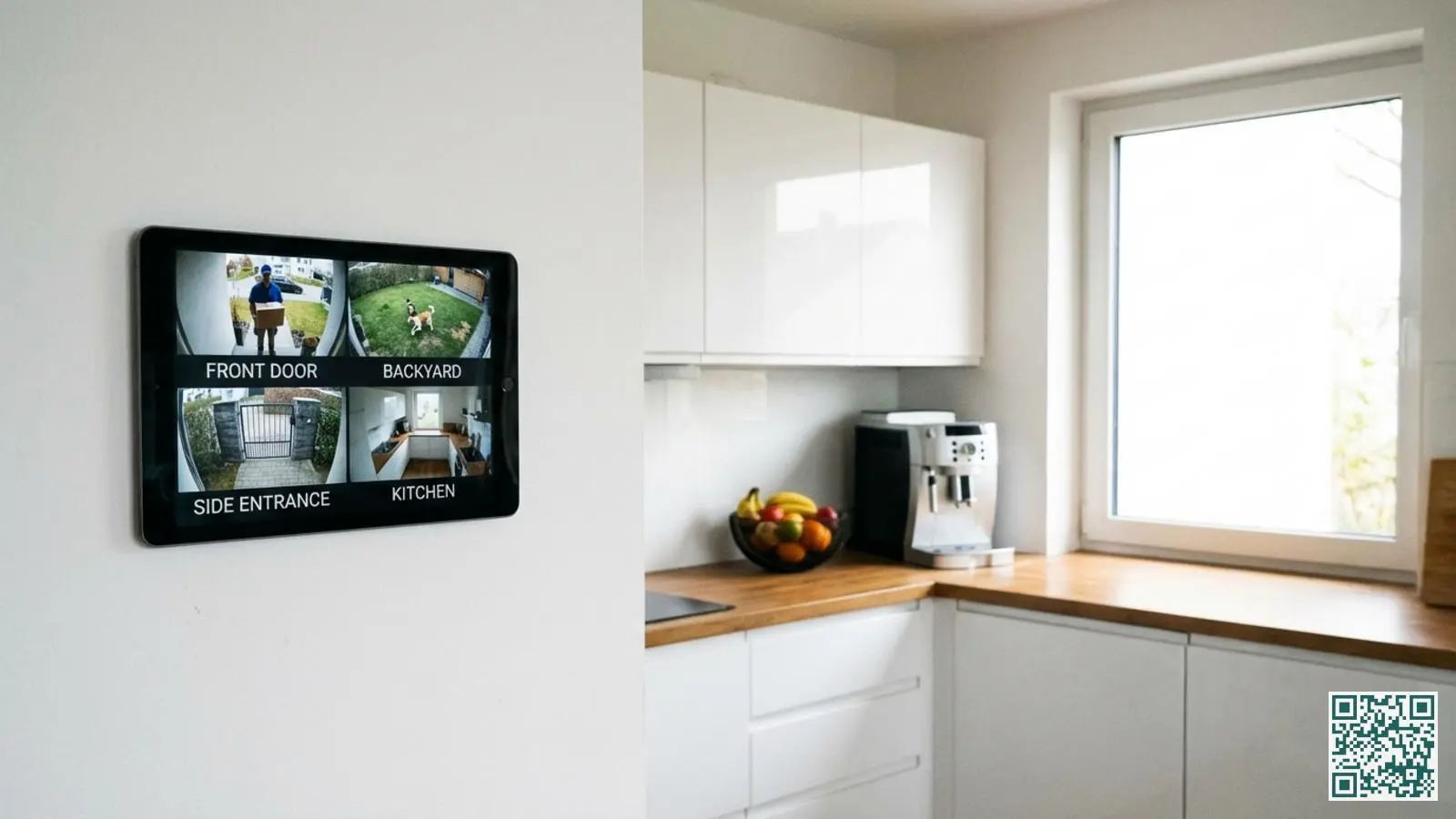Tablet aan keukenmuur toont smart home dashboard met meerdere beveiligingscamera feeds van voordeur en tuin