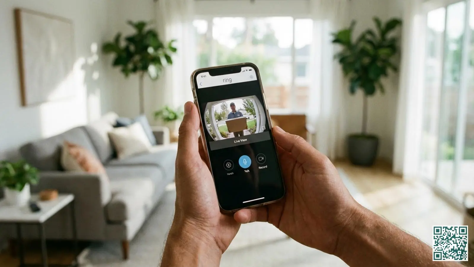 Handen houden smartphone vast met video deurbel app die live beeld toont van bezorger aan de voordeur