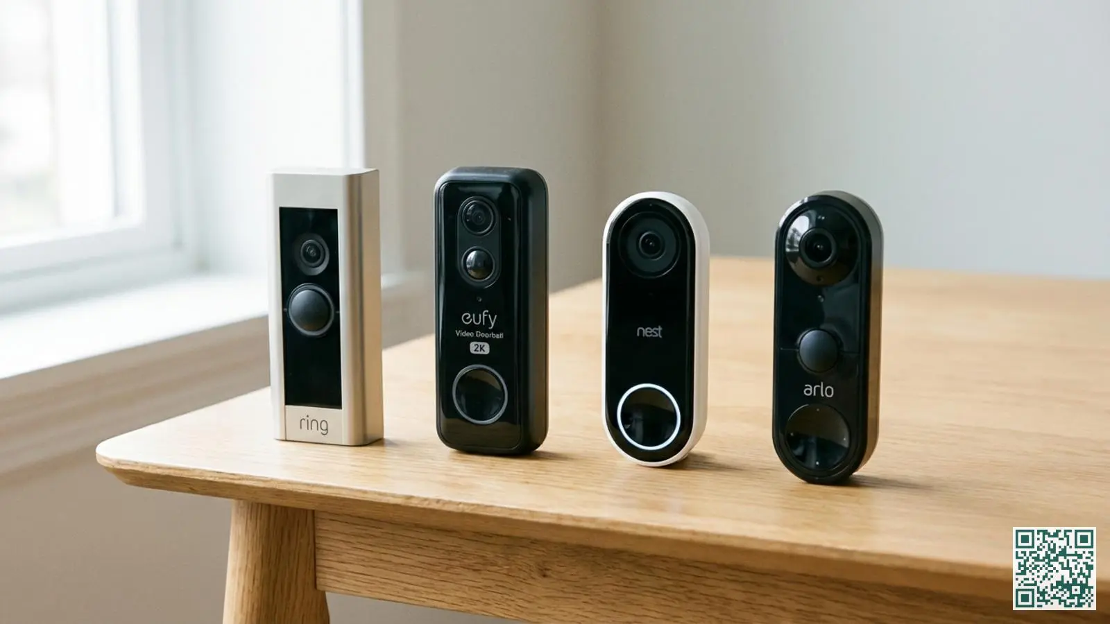 Vier verschillende video deurbellen naast elkaar op een houten tafel met zichtbare camera's en drukknoppen