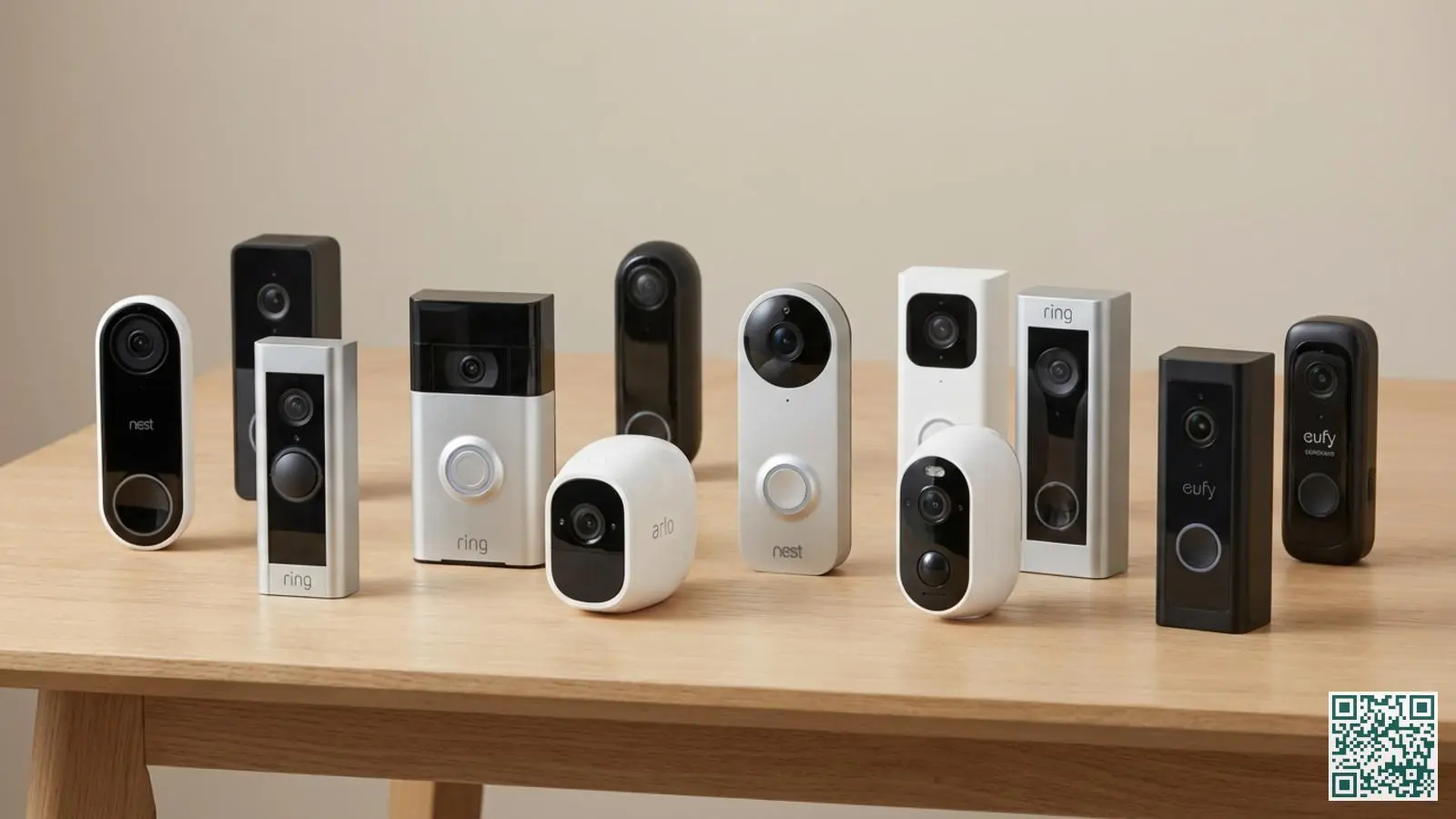 Verschillende video deurbel modellen naast elkaar op een houten tafel voor vergelijking van ontwerpen en formaten