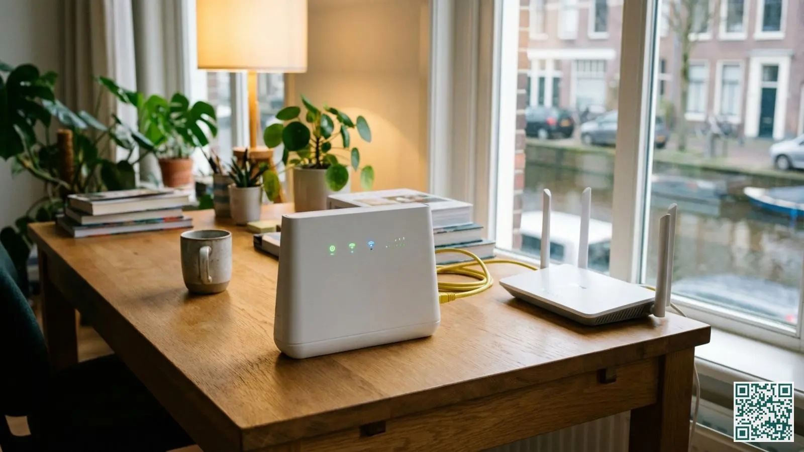 Wit HomeBase station aangesloten op een router met ethernetkabel op een houten bureau in een huiskamer