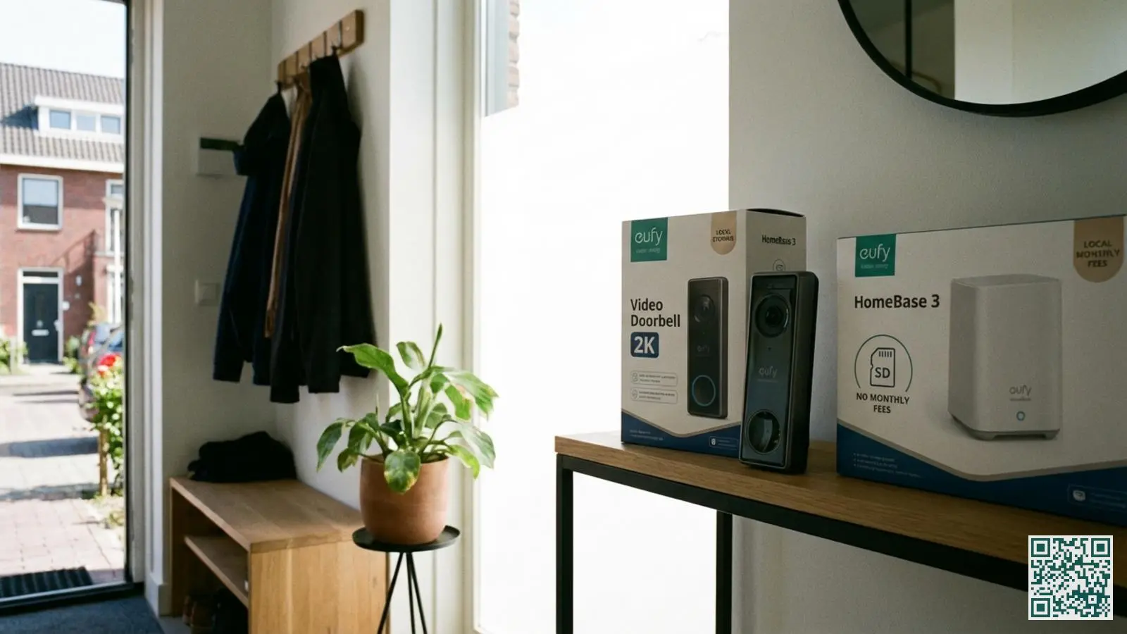 Video deurbel met lokale opslag HomeBase op een plank in een moderne Nederlandse hal met natuurlijk licht