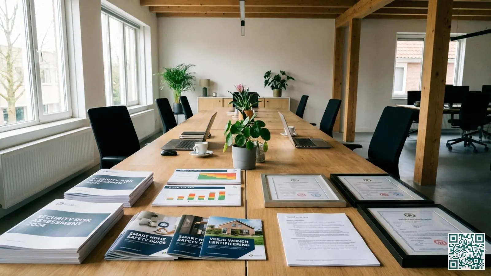 Modern kantoor met beveiligingsdocumenten en richtlijnen verspreid over een vergadertafel bij daglicht