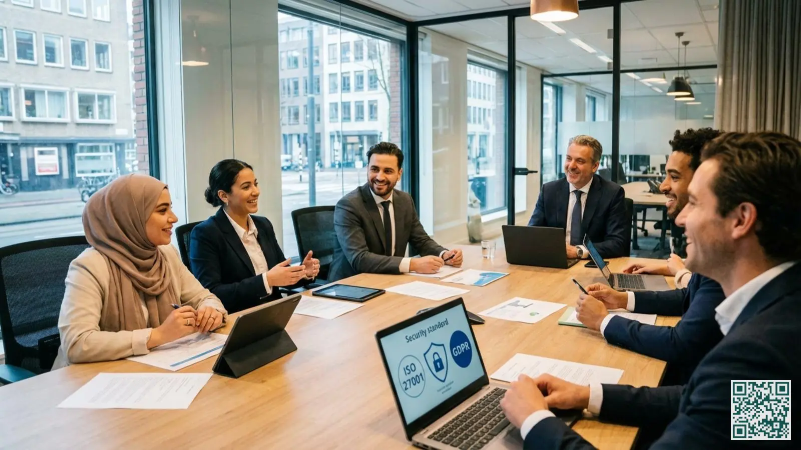 Beveiligingsexperts in overleg aan een vergadertafel met documenten over keurmerken en richtlijnen
