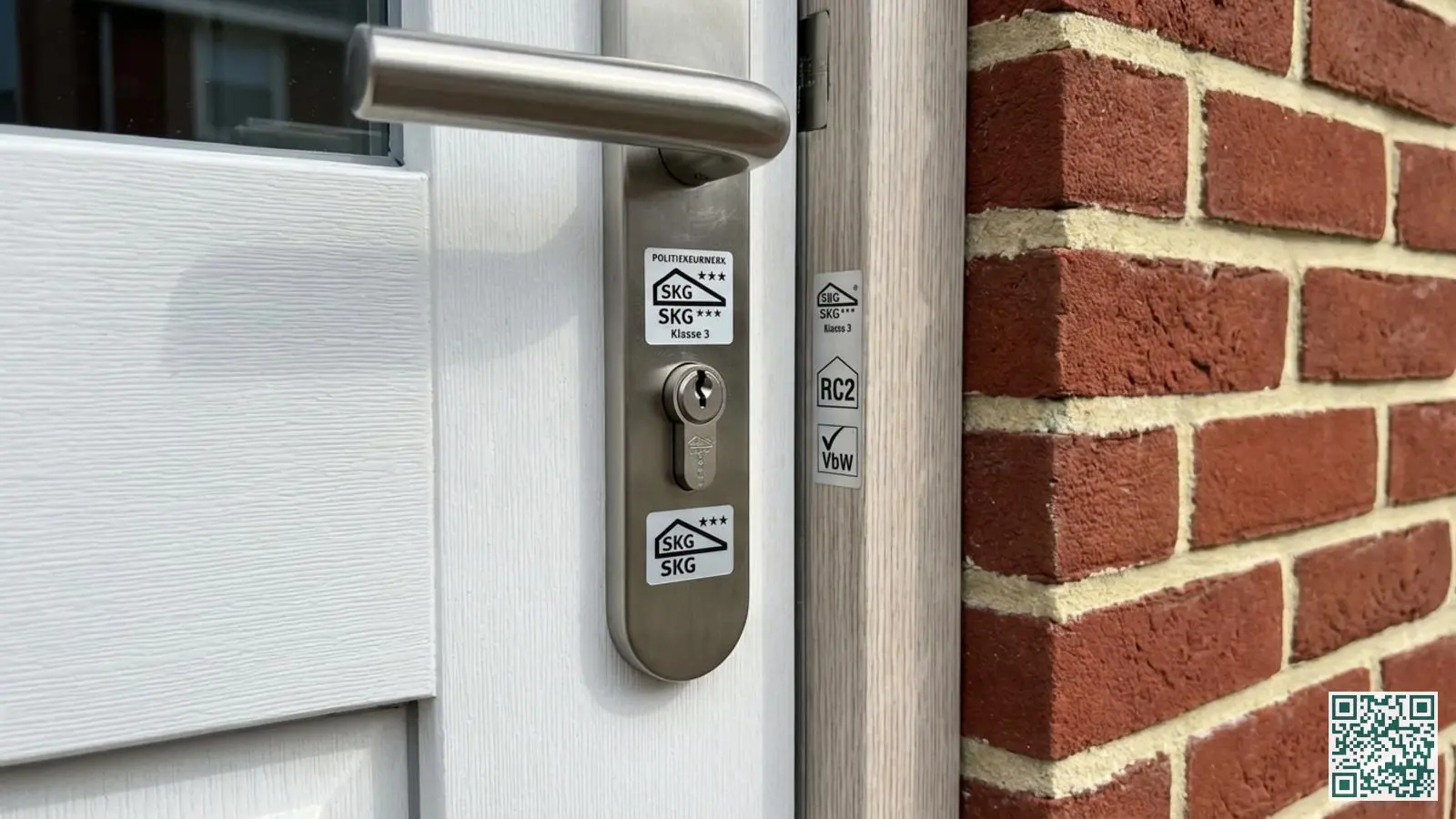 Moderne witte voordeur met zichtbare keurmerkstickers en SKG-gecertificeerd cilinderslot in een Nederlandse woning