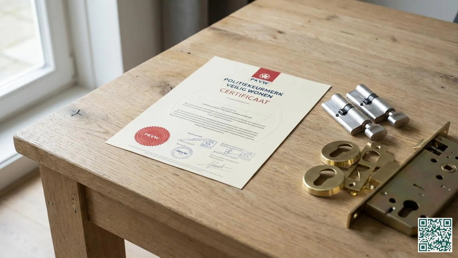 PKVW-certificaat op houten tafel naast nieuw geïnstalleerde cilindersloten en veiligheidsbeslag voor woningbeveiliging