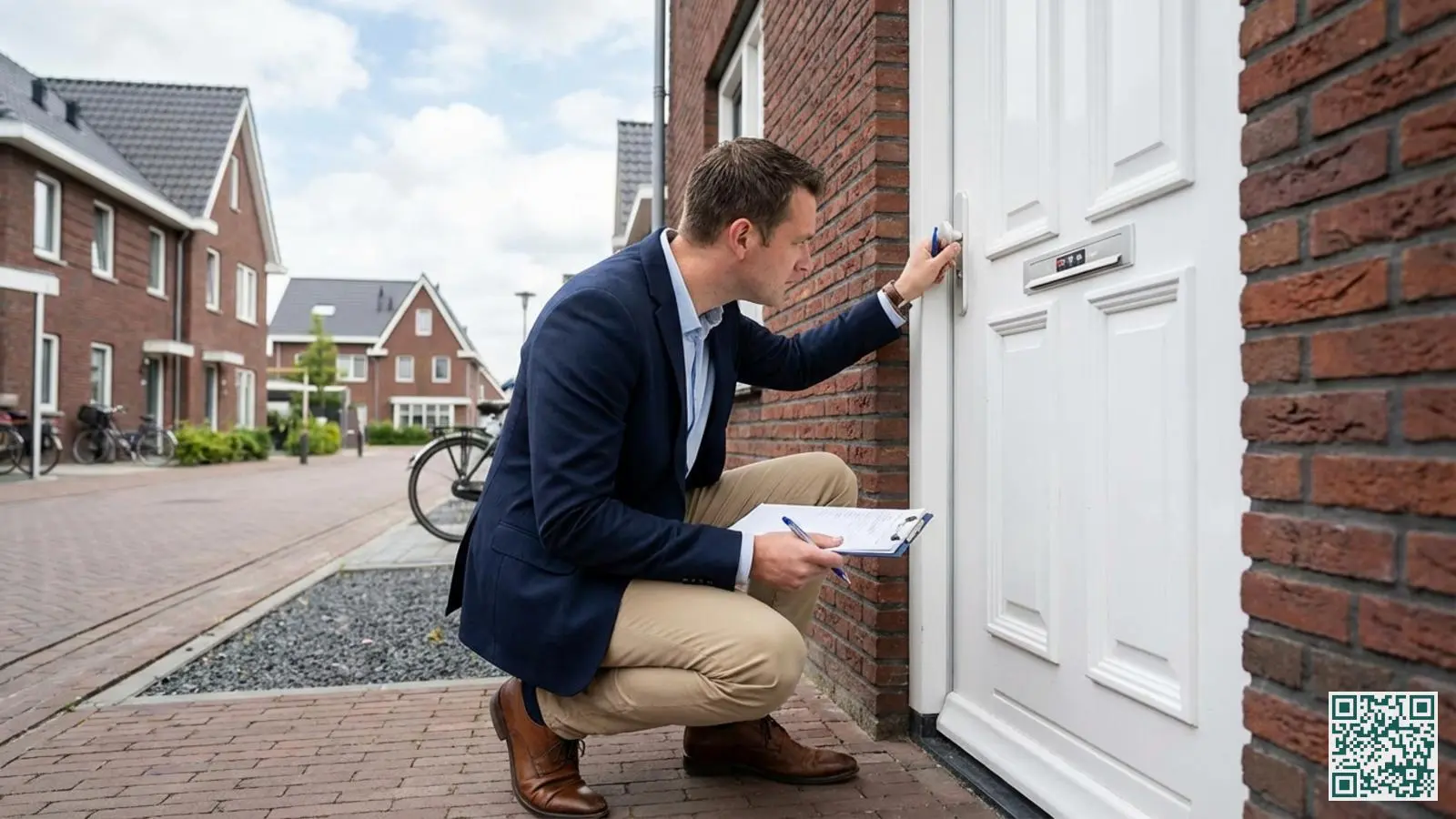 Beveiligingsadviseur inspecteert een witte voordeur en maakt aantekeningen op klembord tijdens PKVW-voorinspectie