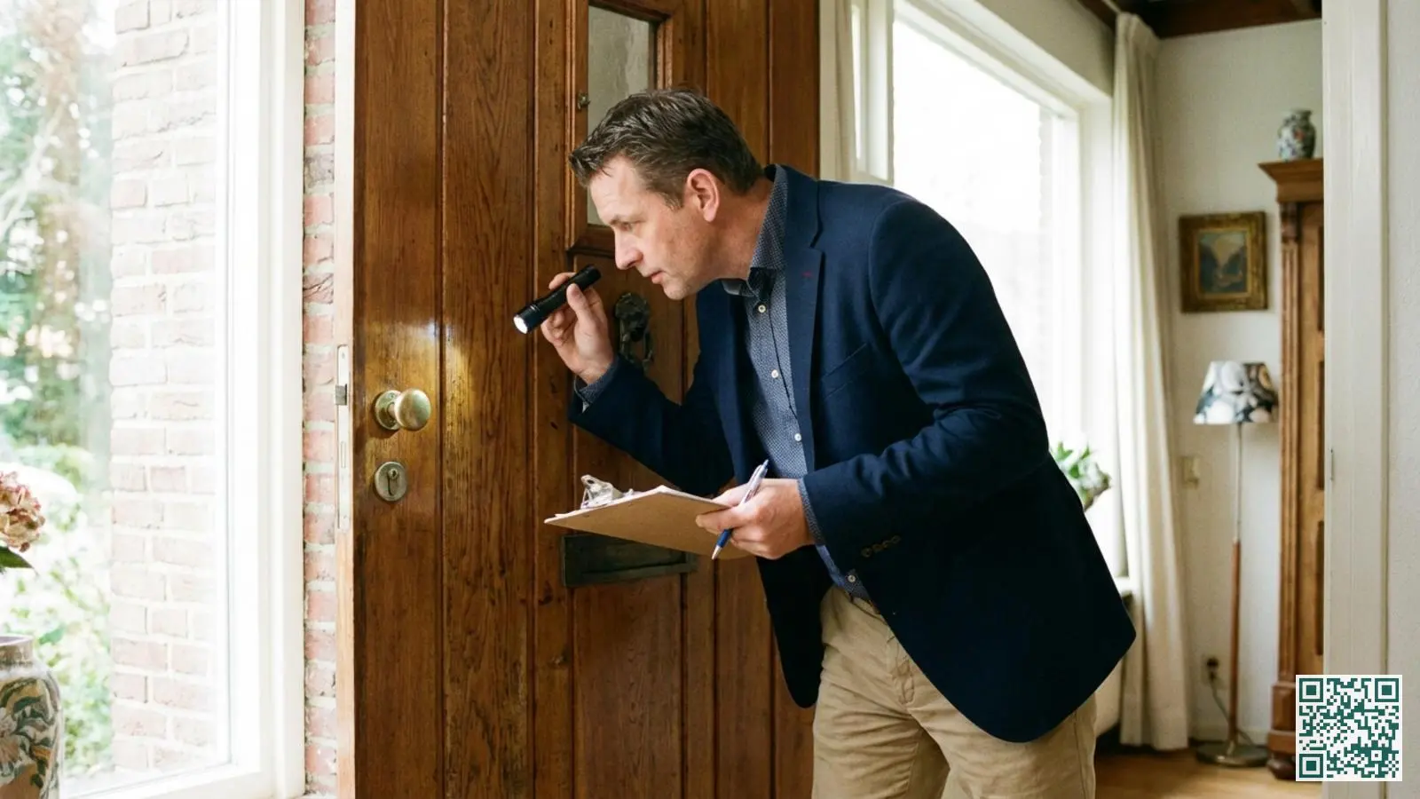 Beveiligingsadviseur in nette kleding inspecteert een cilinderslot op een houten voordeur met een zaklamp en klembord