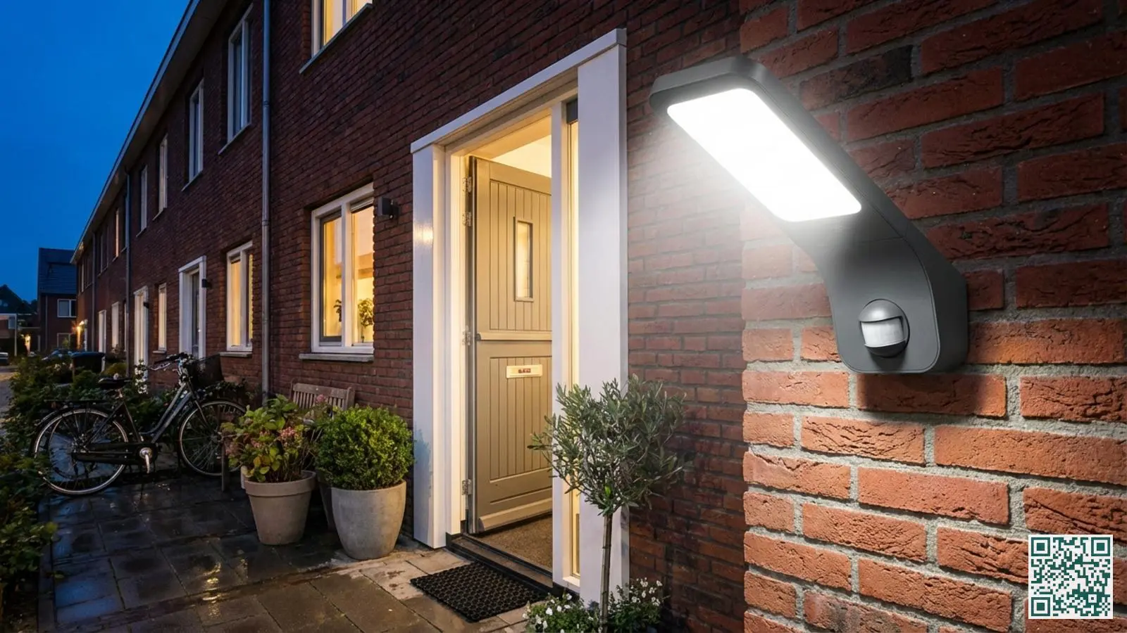 Moderne buitenlamp met bewegingsmelder naast de voordeur van een Nederlandse woning verlicht de ingang tijdens de avond