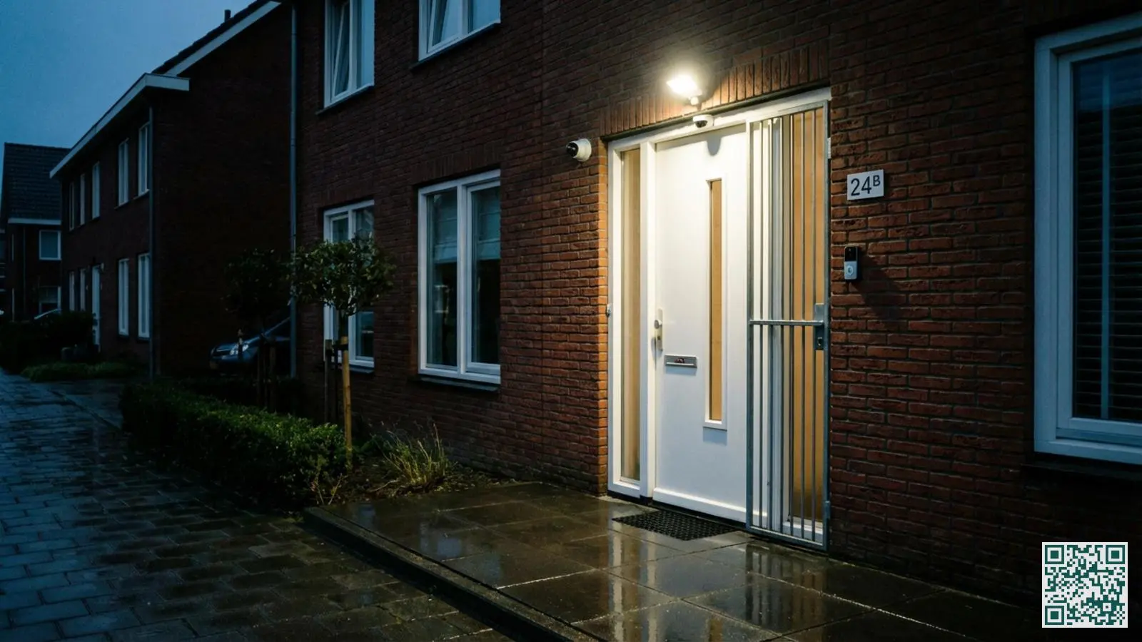 Nederlandse woning met beveiligde voordeur en verlichte entree tijdens de avond die voldoet aan PKVW-eisen