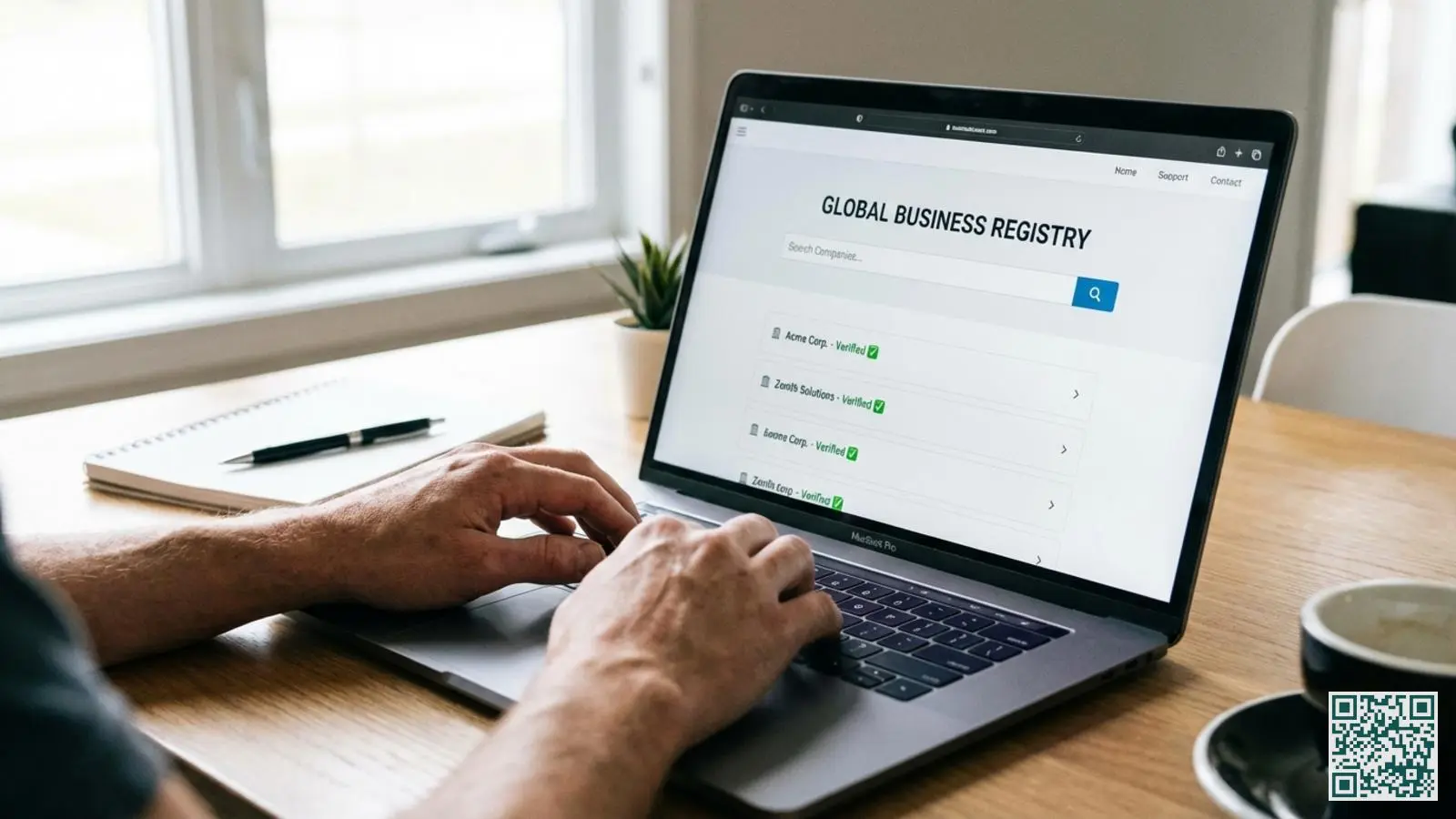 Handen typen op een laptop met een officieel bedrijvenregister op het scherm voor het controleren van PKVW-erkenning
