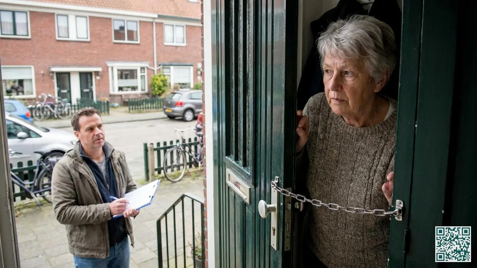 Bewoner kijkt voorzichtig door een half geopende voordeur met ketting naar een ongewenste verkoper met klembord