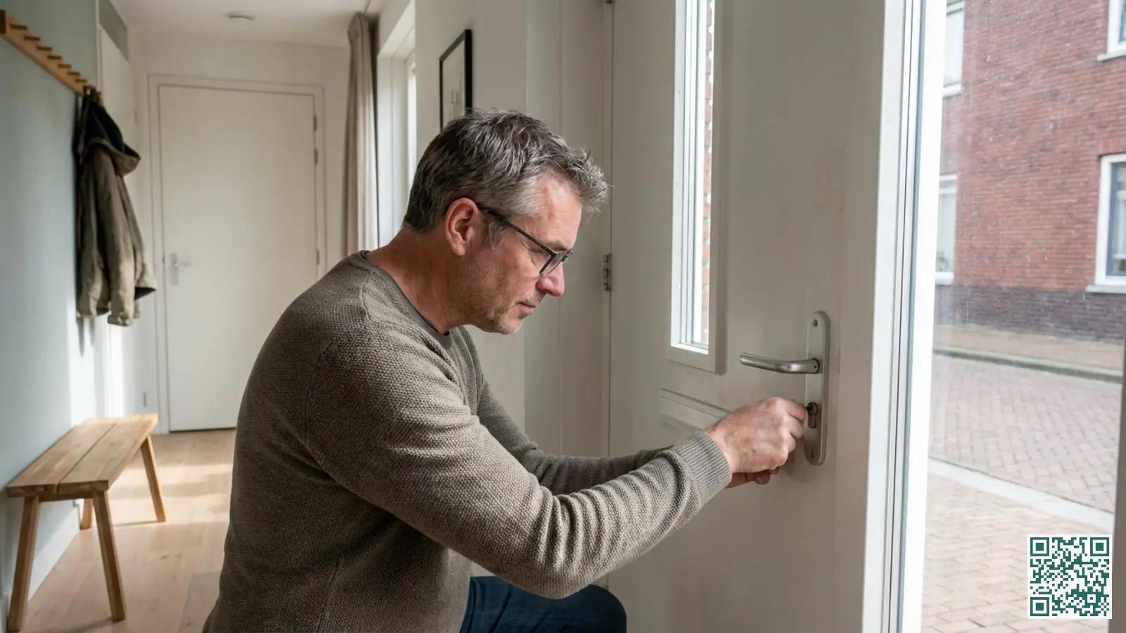 Nederlandse woningeigenaar bekijkt aandachtig het slot op de voordeur in een lichte hal