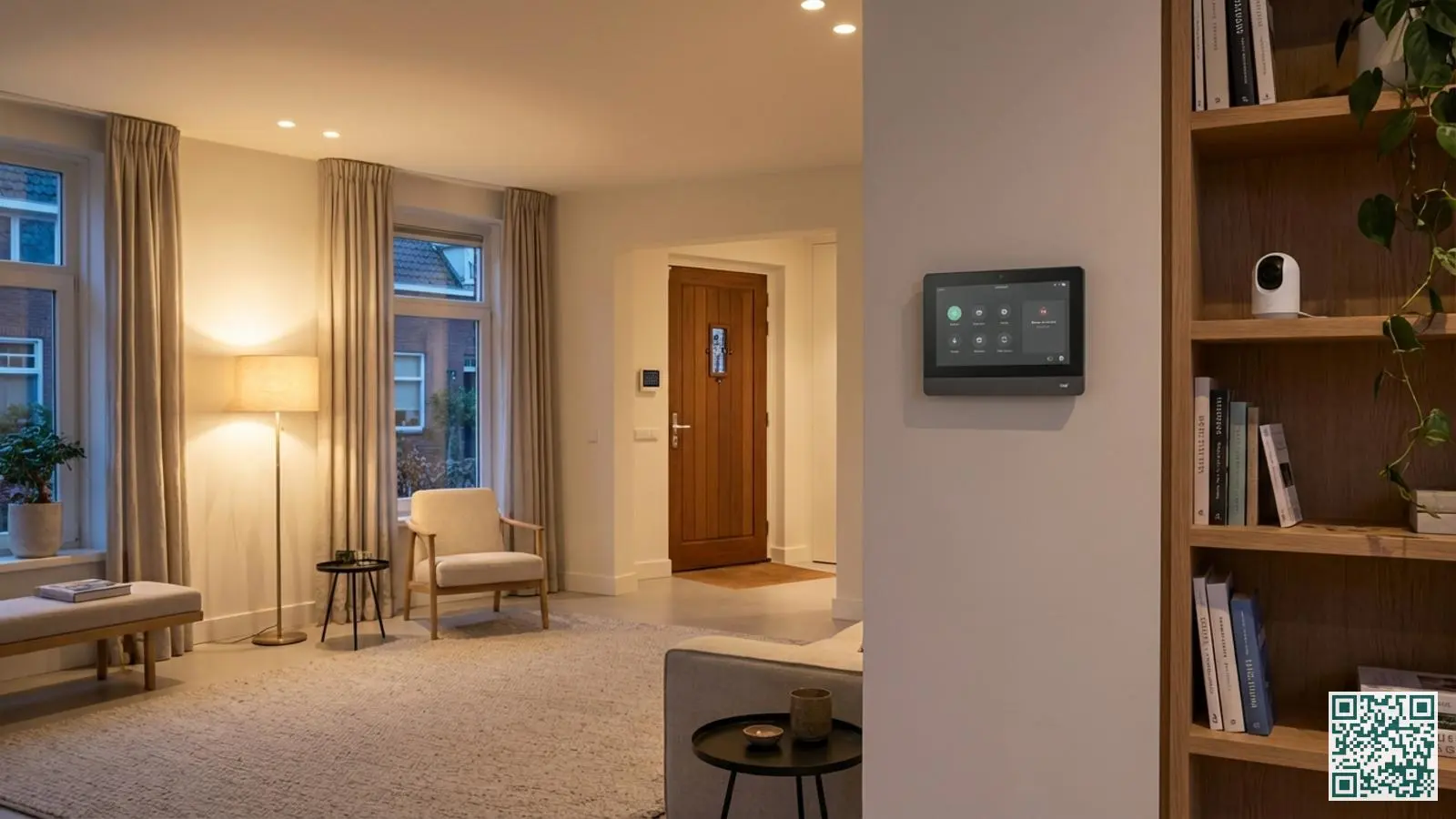 Moderne woonkamer met alarmpaneel aan de muur, beveiligingscamera op plank en beveiligde voordeur zichtbaar in de gang