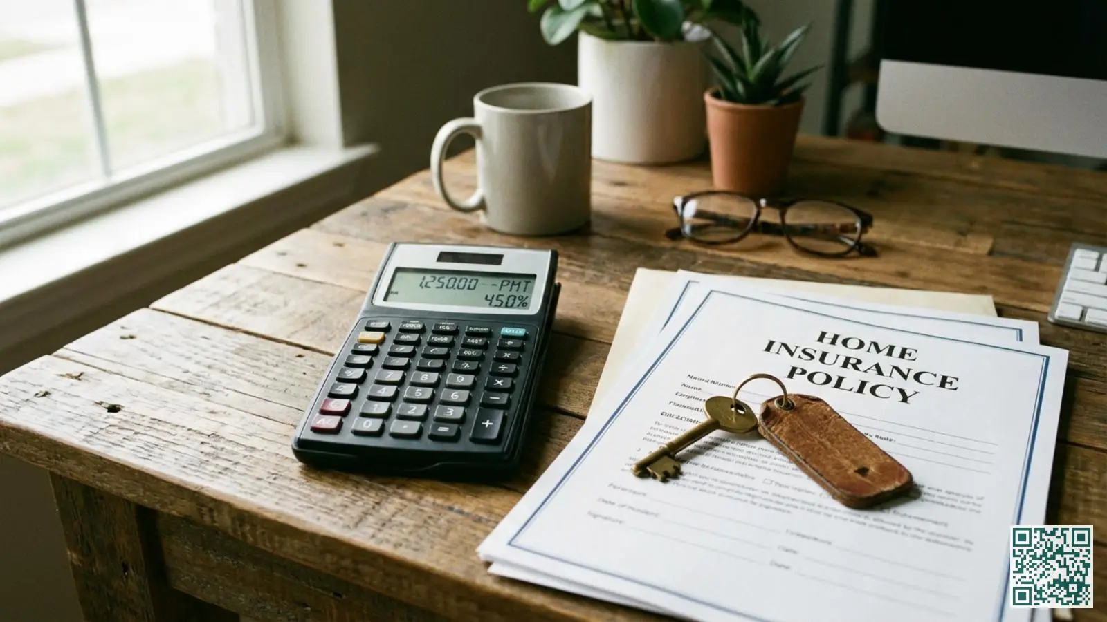 Rekenmachine met cijfers naast verzekeringsdocumenten en een huissleutel op een bureau met natuurlijk licht
