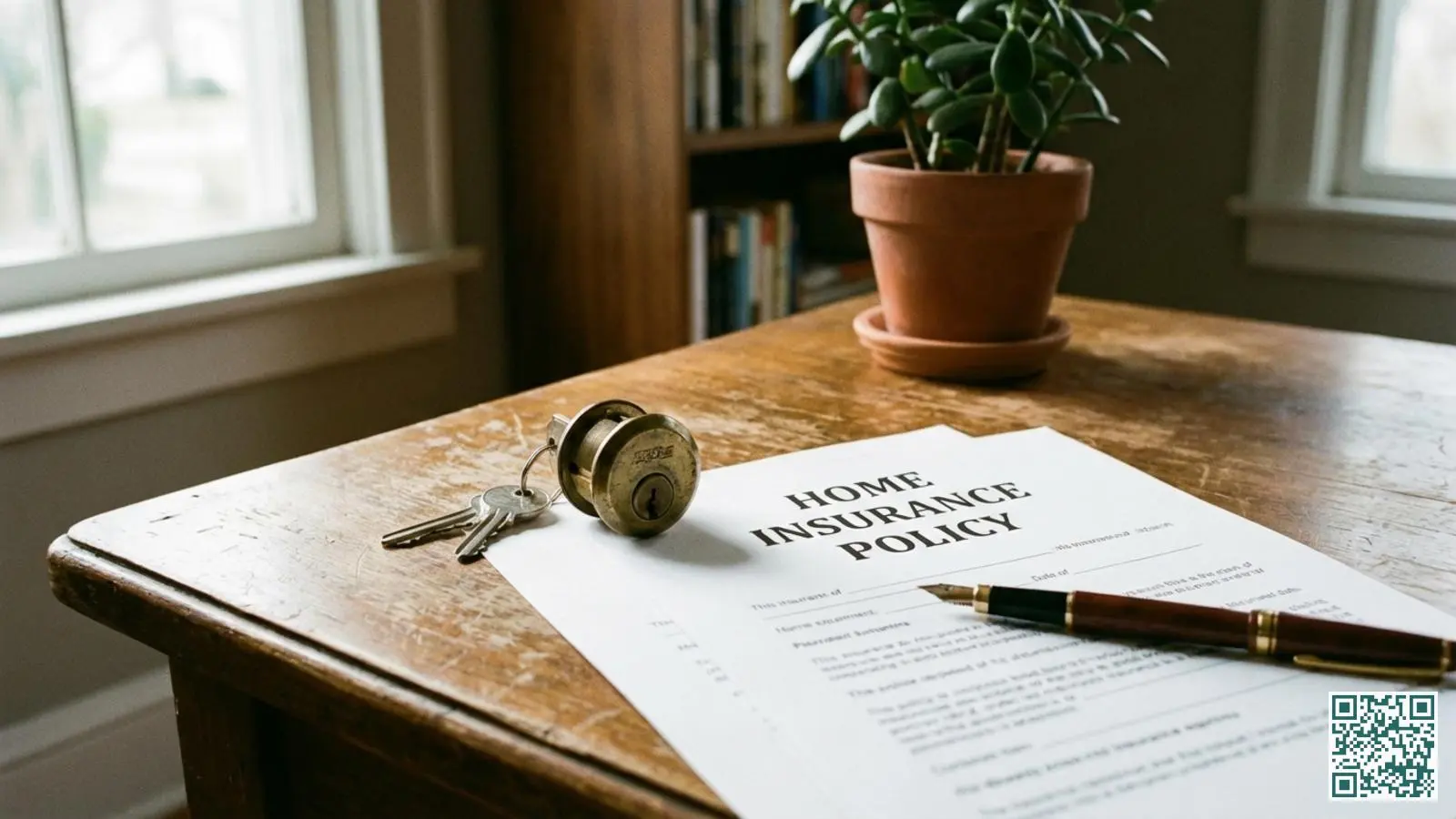 Verzekeringspolis documenten en een messing slotcilinder op een houten bureau met daglicht vanuit het raam