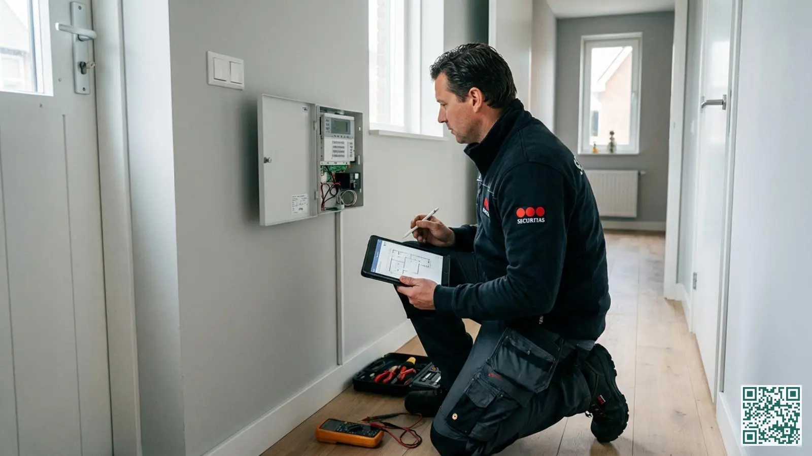 Beveiligingsinstallateur in werkkleding controleert een alarmpaneel aan de muur met een checklist