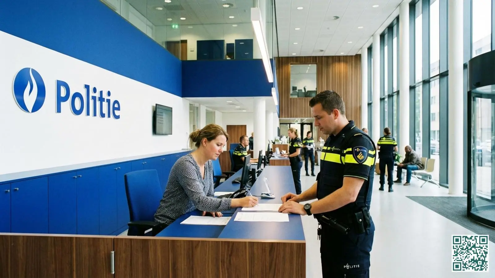 Persoon vult aangifteformulier in aan de balie van een Nederlands politiebureau met hulp van een agent