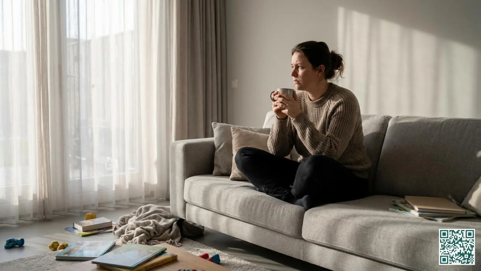 Vrouw zit alleen en bezorgd op de bank in haar woonkamer terwijl ze een kopje thee vasthoudt en nadenkt over de inbraak