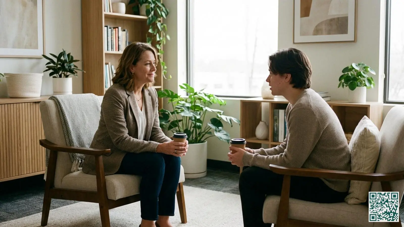 Hulpverlener voert een ondersteunend gesprek met een persoon in een rustige en uitnodigende kantooromgeving met planten