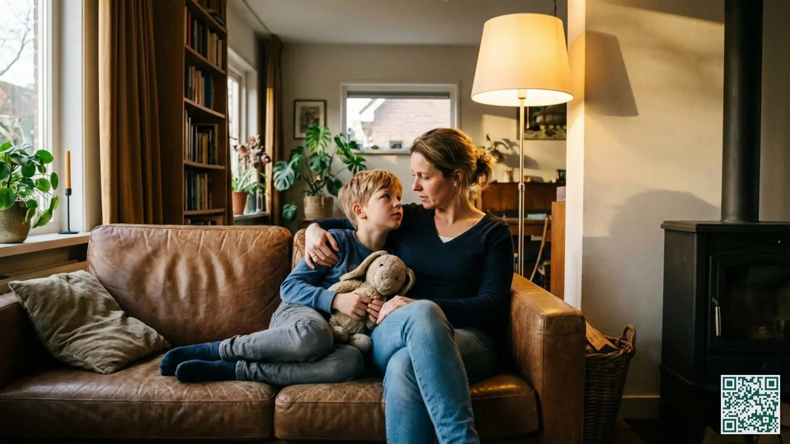 Ouder houdt kind troostend vast op de bank in de woonkamer terwijl het kind een knuffel vasthoudt voor geruststelling