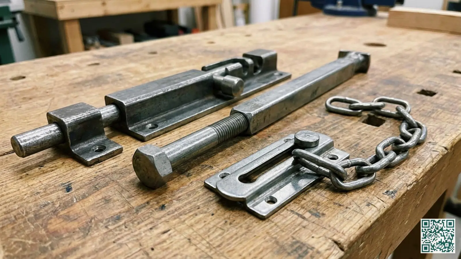 Tijdelijke deurvergrendelingsproducten zoals schuifgrendel en veiligheidsbeugel op een houten oppervlak