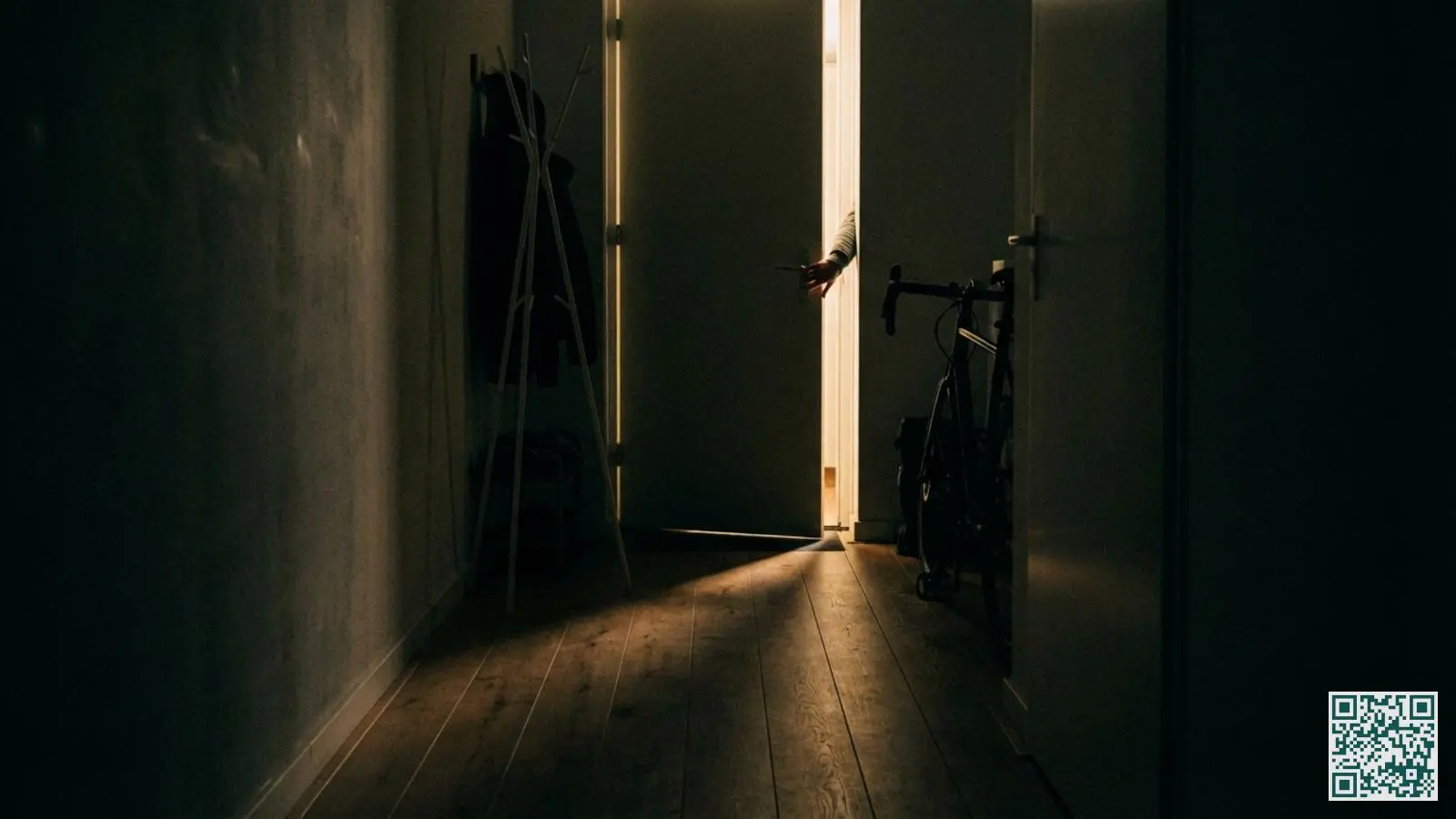 Donkere gang in een Nederlandse woning met een streep licht die door een kier van een deur valt