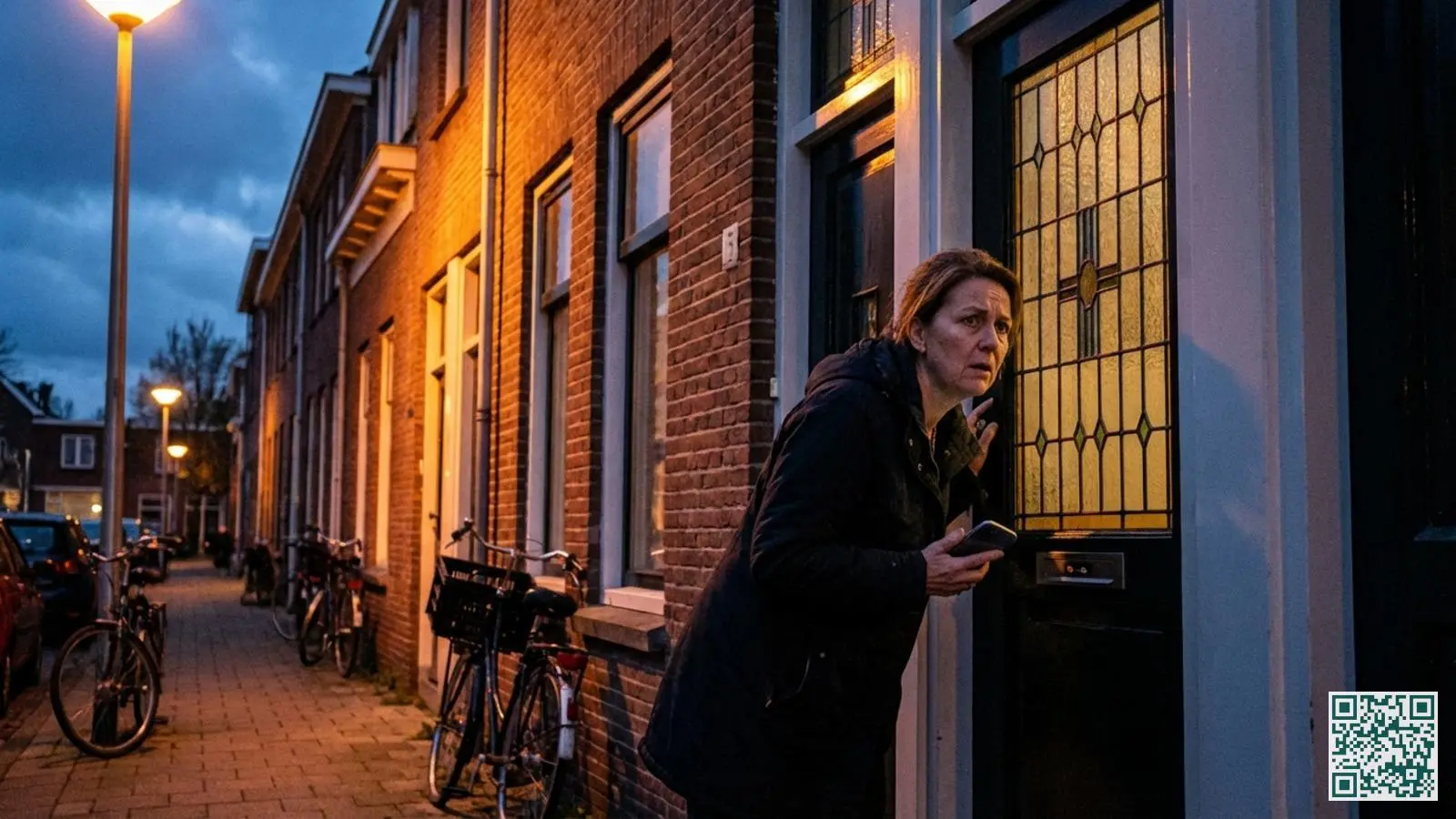 Vrouw staat bezorgd voor haar voordeur en kijkt voorzichtig door het raam naar binnen in een Nederlandse woonwijk