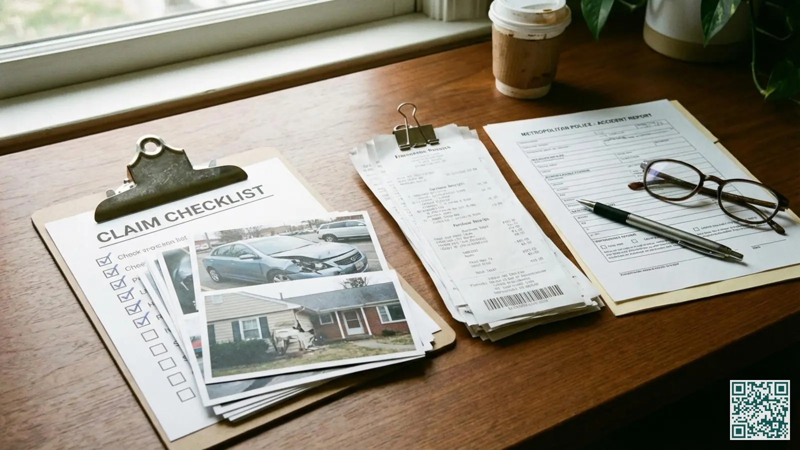 Georganiseerde documentatiemap met fotos van schade aankoopbonnen en proces-verbaal voor het indienen van een verzekeringsclaim