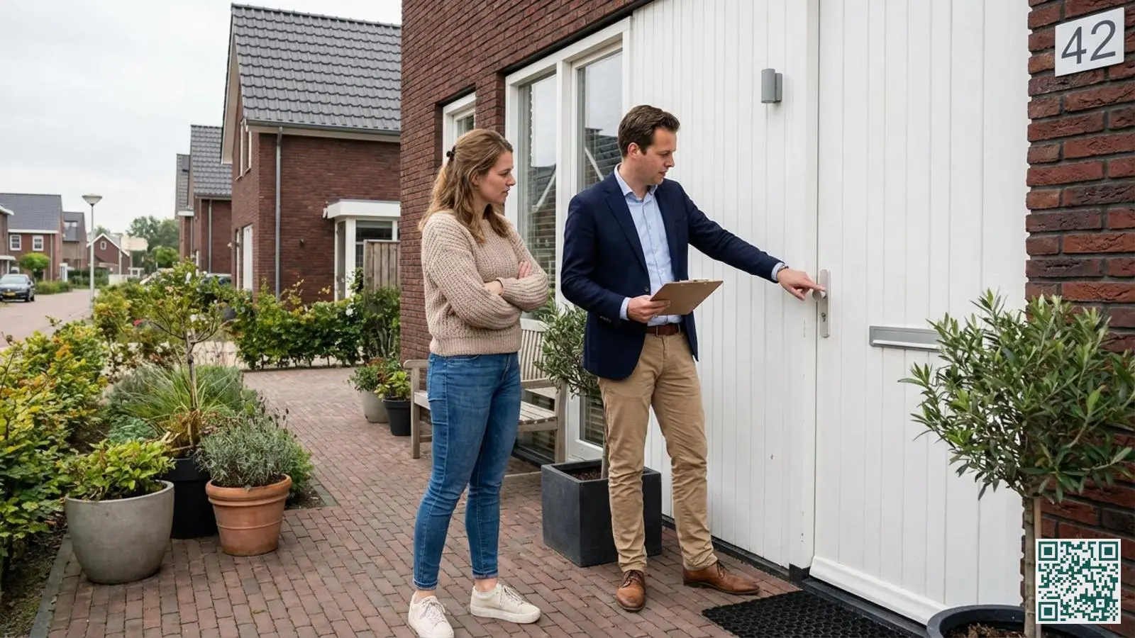 Beveiligingsadviseur inspecteert een witte voordeur terwijl de huiseigenaar toekijkt bij een Nederlandse woning