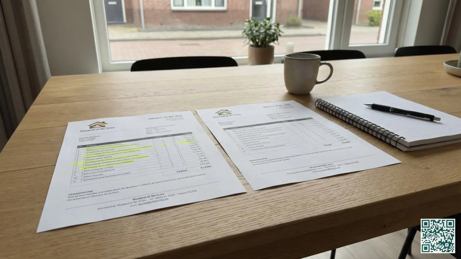 Twee beveiligingsoffertes naast elkaar op een houten tafel met een notitieblok en pen voor vergelijking