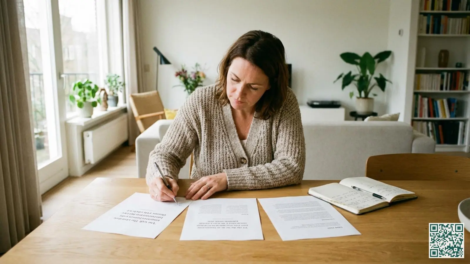 Persoon vergelijkt drie beveiligingsoffertes naast elkaar op de eettafel met een notitieblok erbij