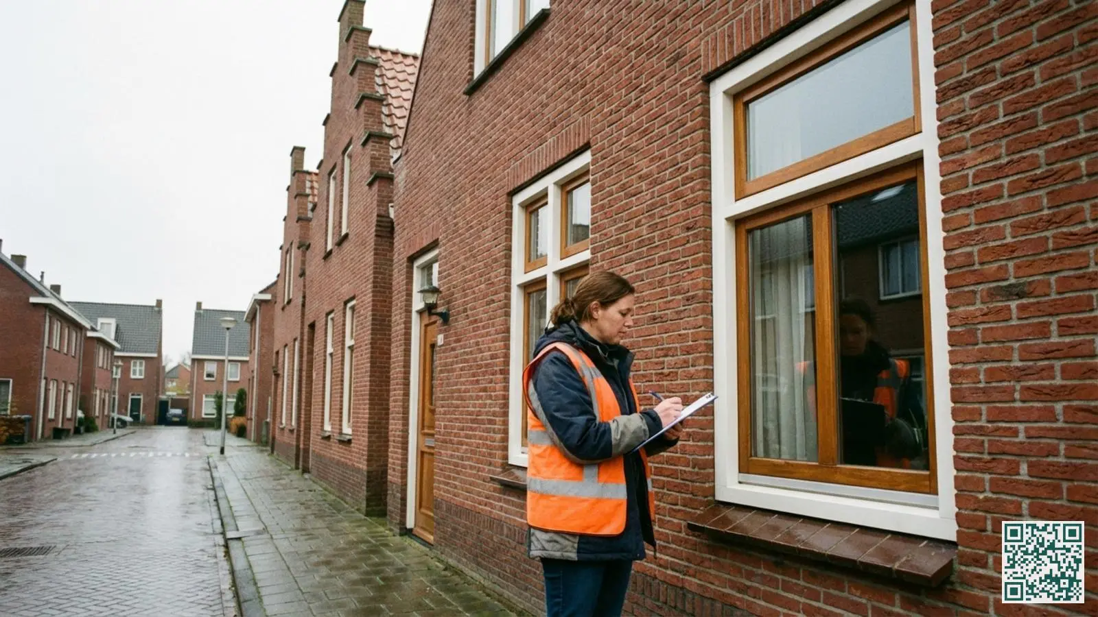 Persoon inspecteert ramen en deuren aan de buitenkant van een Nederlandse woning met notitieblok