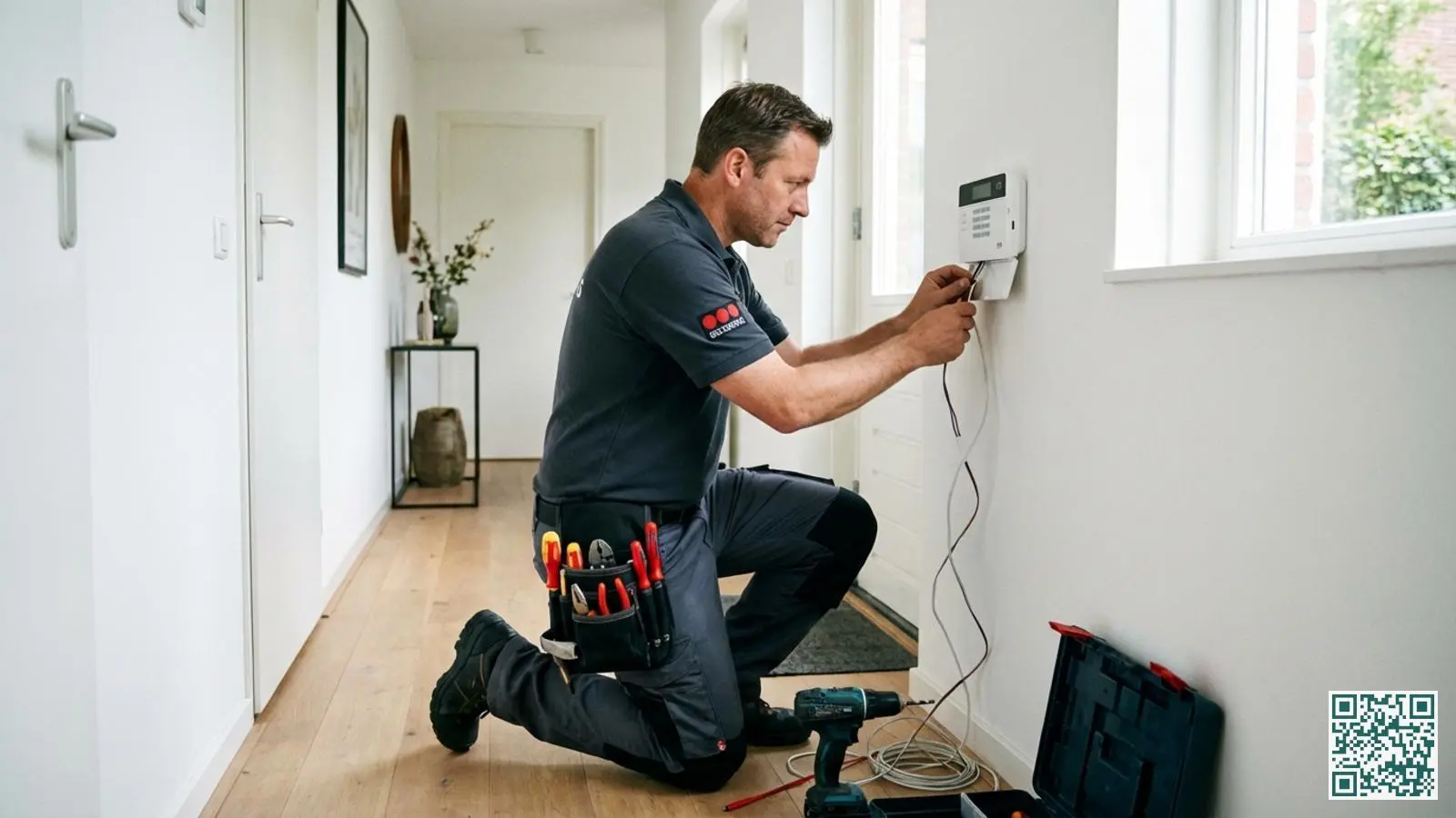 Professionele beveiligingsinstallateur monteert een alarmpaneel aan de muur in een Nederlandse woning
