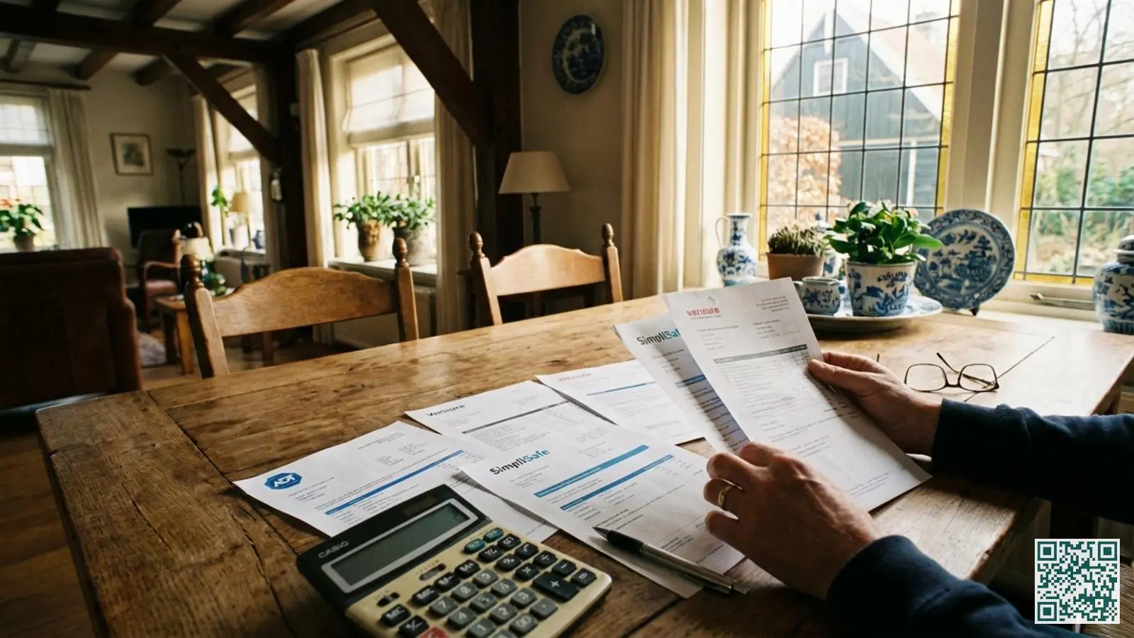 Meerdere beveiligingsoffertes en documenten uitgespreid op een houten tafel met calculator en pen voor vergelijking