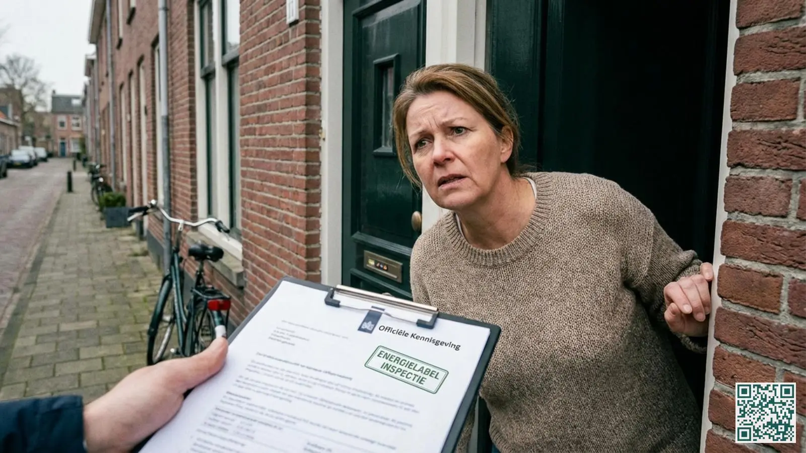 Huiseigenaar bekijkt sceptisch een document aan de voordeur als waarschuwing voor onbetrouwbare aanbieders